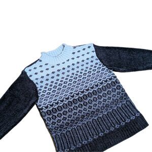 Erika Petite M Navy & Light Blue Knit Geometric Pattern Winter Turtle Neck